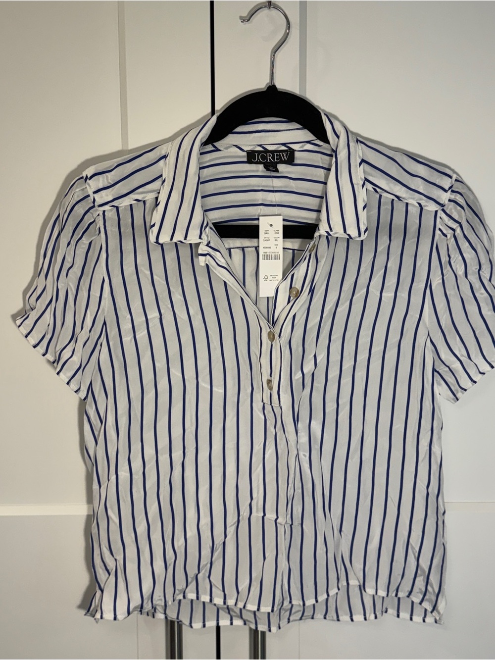 J. Crew White with Navy Vertical Stripe Short Sleeve Button-Down Shirt